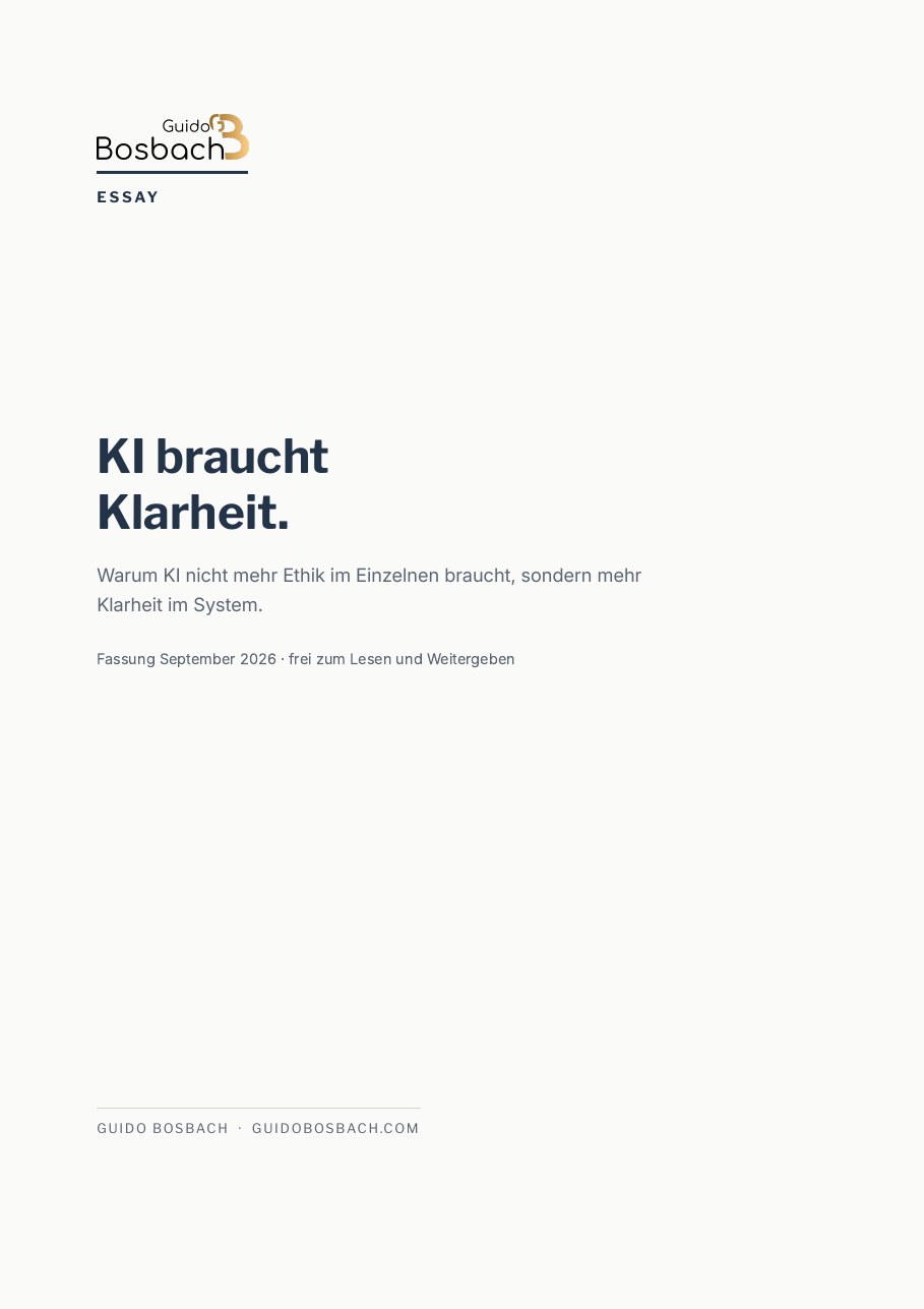 Titelseite des Essays „KI braucht Klarheit" von Guido Bosbach Titelseite des Essays „KI braucht Klarheit" von Guido Bosbach