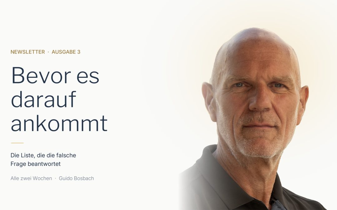 Guido Bosbach, daneben der Titel: Bevor es darauf ankommt, Ausgabe 3, Die Liste, die die falsche Frage beantwortet